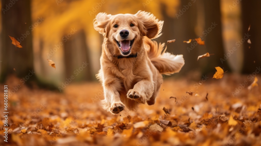 Golden Retriever Dog Jumping Through Autumn Leaves 