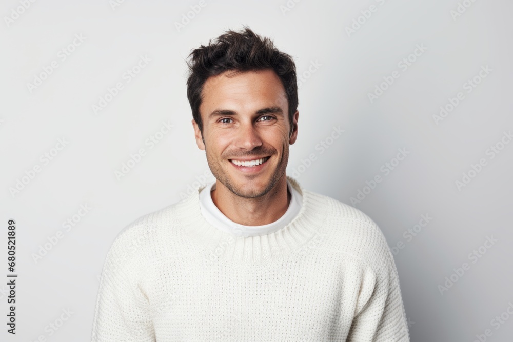 Portrait of a smiling man in his 30s dressed in a warm wool sweater against a white background. AI Generation Portrait of a smiling man in his 30s dressed in a warm wool sweater against a white background. AI Generation