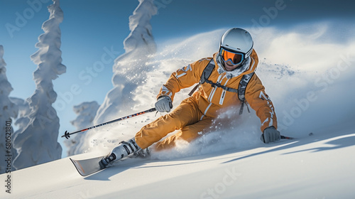Active action image of a skier playing on snow in winer sports 