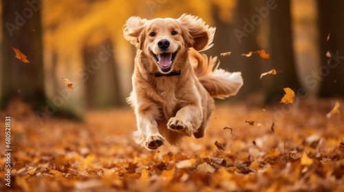 Golden Retriever Dog Jumping Through Autumn Leaves 