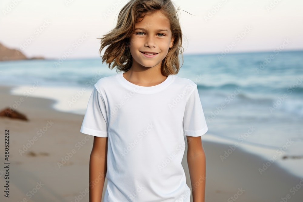 White blank t shirt mock up. Boy beach background White blank t shirt mock up. Boy beach background