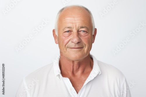 Portrait of a satisfied man in his 50s wearing a simple cotton shirt against a white background. AI Generation
