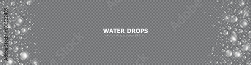 Realistic water drops or dew macro transparent background. Template of empty panoramic banner with condensation texture or rain droplets overlay. Aqua fresh header with 3d water bubble frame