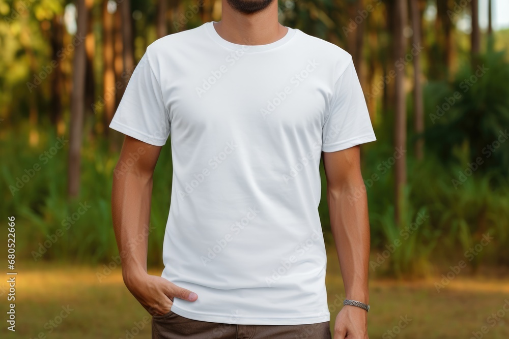 White blank t shirt mock up. Men forest background