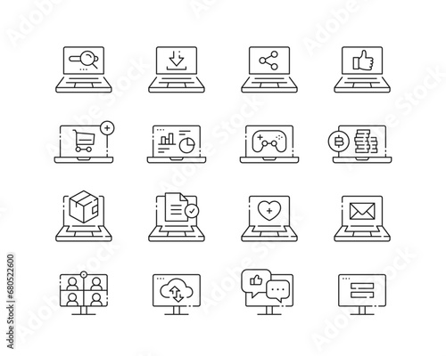 Online Activities Icon collection containing 16 editable stroke icons. Perfect for logos, stats and infographics. Edit the thickness of the line in Adobe Illustrator (or any vector capable app).