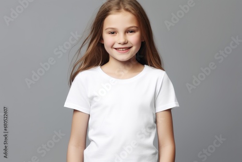 White blank t shirt mock up. Girl grey wall background