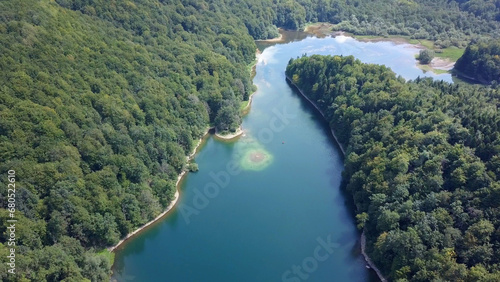 Biogradskoe lake (Aerial shot) is a glacial lake located in the inter-mountain valley of Bjelasica. Kolasin, Biogradska Gora national park. Montenegro (Europe)