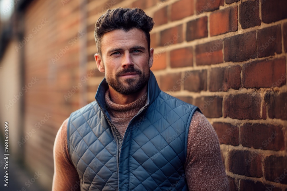 Portrait of a merry man in his 30s dressed in a water-resistant gilet against a vintage brick wall. AI Generation Portrait of a merry man in his 30s dressed in a water-resistant gilet against a vintage brick wall. AI Generation