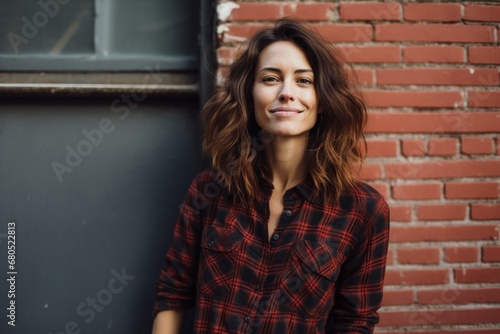 Portrait of a glad woman in her 30s wearing a comfy flannel shirt against a vintage brick wall. AI Generation