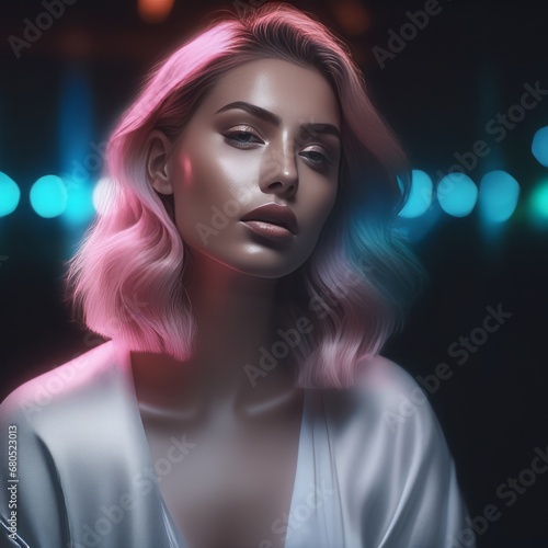 portrait of beautiful blonde woman with pink eyes portrait of beautiful blonde woman with pink eyes beautiful blonde girl with long blond hair, wearing a pink t - shirt with pink lipstick and hairstyl