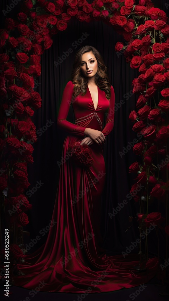 Model with gleaming ruby red silk luxurious backdrop complemented by deep red roses. Vertical orientation.
