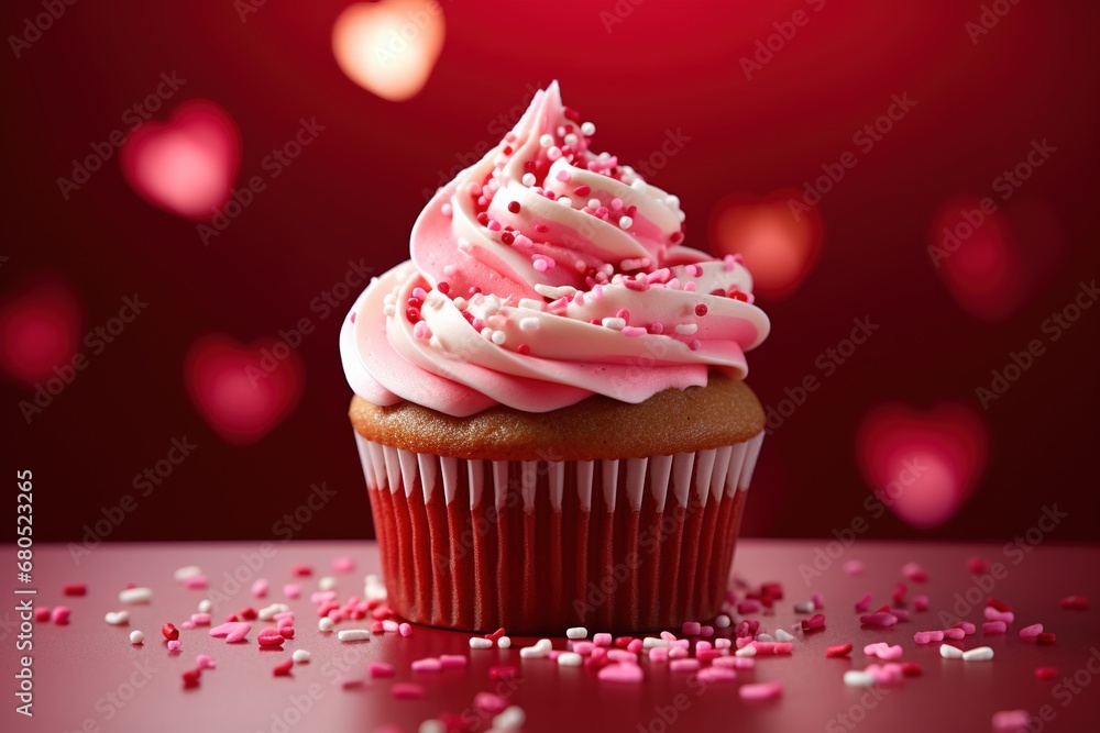 Valentine cupcake with heart-shaped sprinkles on red background Valentine cupcake with heart-shaped sprinkles on red background