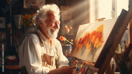 Digital portrait of a creative elderly male artist painting in her studio. Concept of active age