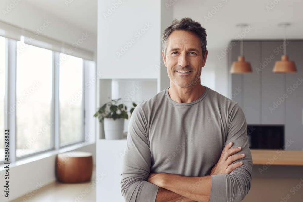 Portrait of a satisfied man in his 40s sporting a breathable hiking shirt against a modern minimalist interior. AI Generation Portrait of a satisfied man in his 40s sporting a breathable hiking shirt against a modern minimalist interior. AI Generation