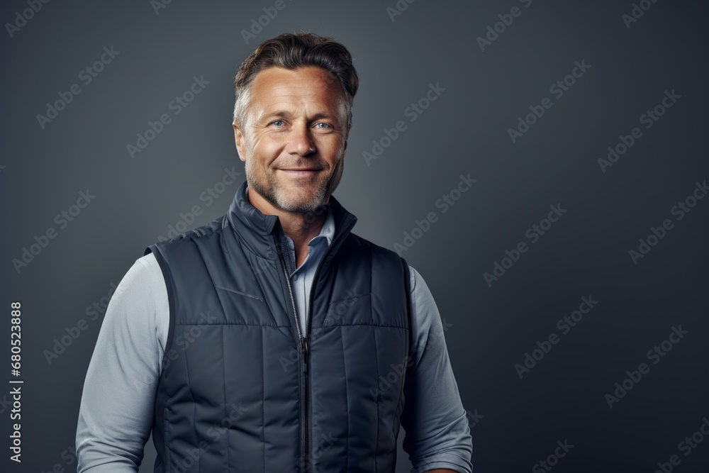 Portrait of a smiling man in his 40s dressed in a water-resistant gilet against a modern minimalist interior. AI Generation Portrait of a smiling man in his 40s dressed in a water-resistant gilet against a modern minimalist interior. AI Generation