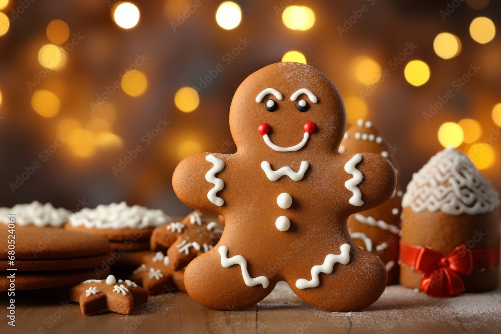 A smiling gingerbread man beside a steaming cup of hot cocoa with marshmallows. The background includes a cozy, festive kitchen scene, emphasizing the warmth of the holiday season.