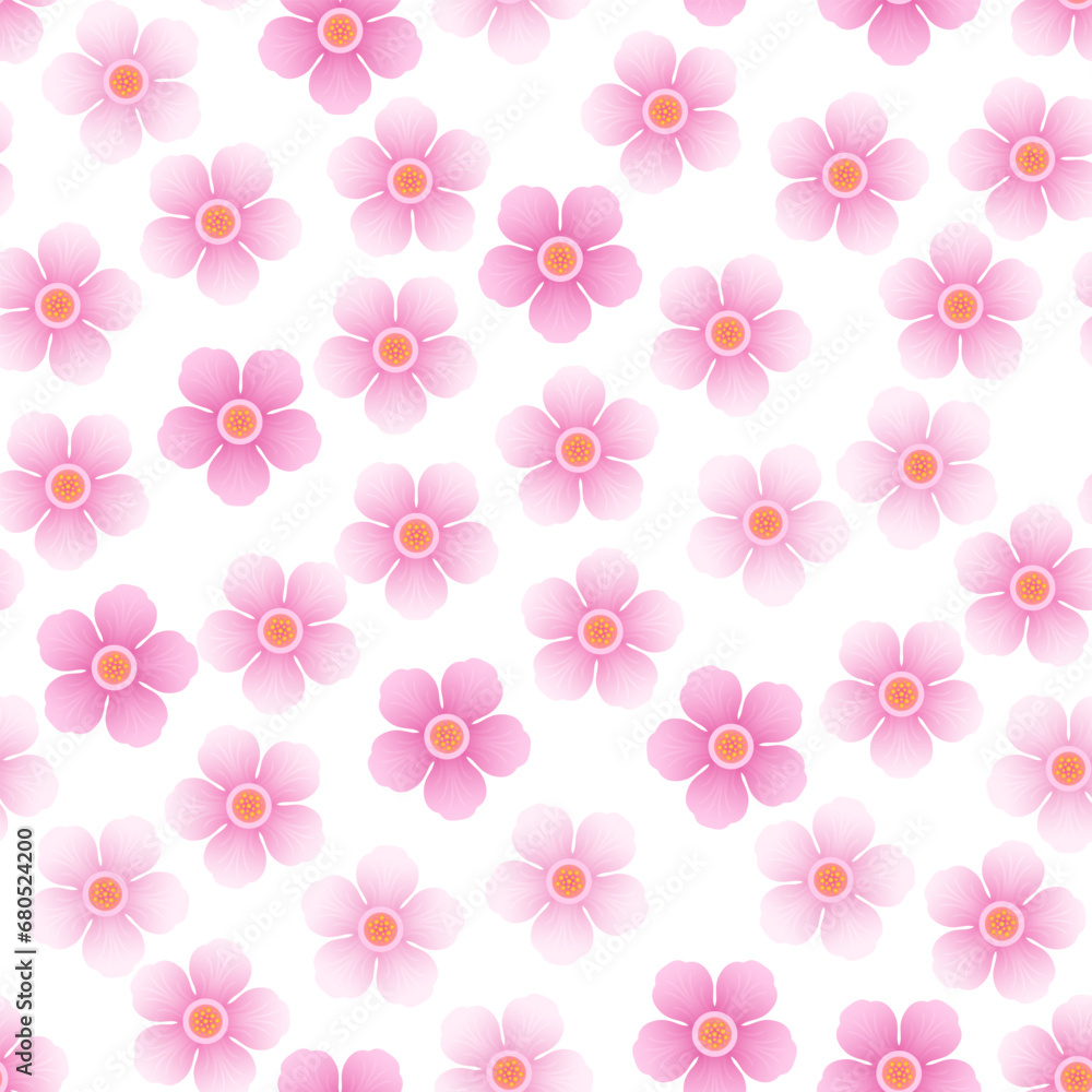 Pink flowers of cherry on white background. Seamless pattern with blooming sakura. Vector cartoon illustration. Pink flowers of cherry on white background. Seamless pattern with blooming sakura. Vector cartoon illustration.