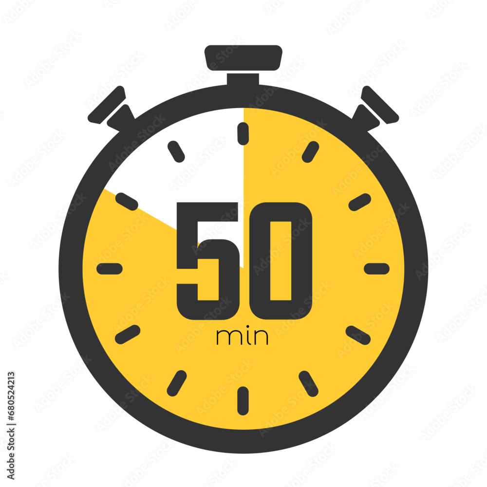 Fifty minutes stopwatch symbol, timer icon, cooking time, 50 minutes countdown, sport or cosmetic or chemical application time, 50 min waiting time on a transparent background. Stock illustration Fifty minutes stopwatch symbol, timer icon, cooking time, 50 minutes countdown, sport or cosmetic or chemical application time, 50 min waiting time on a transparent background. Stock illustration