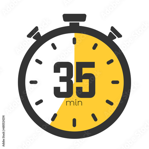 Thirty-five minutes stopwatch symbol, Thirty five timer icon, cooking time, 35 minutes countdown, sport or cosmetic or chemical application time, 35 min waiting time on a transparent background.
