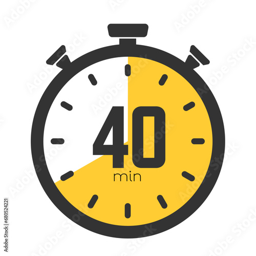 Forty minutes stopwatch symbol, timer icon, cooking time, 40 minutes countdown, sport or cosmetic or chemical application time, 40 min waiting time on a transparent background. Vector illustration