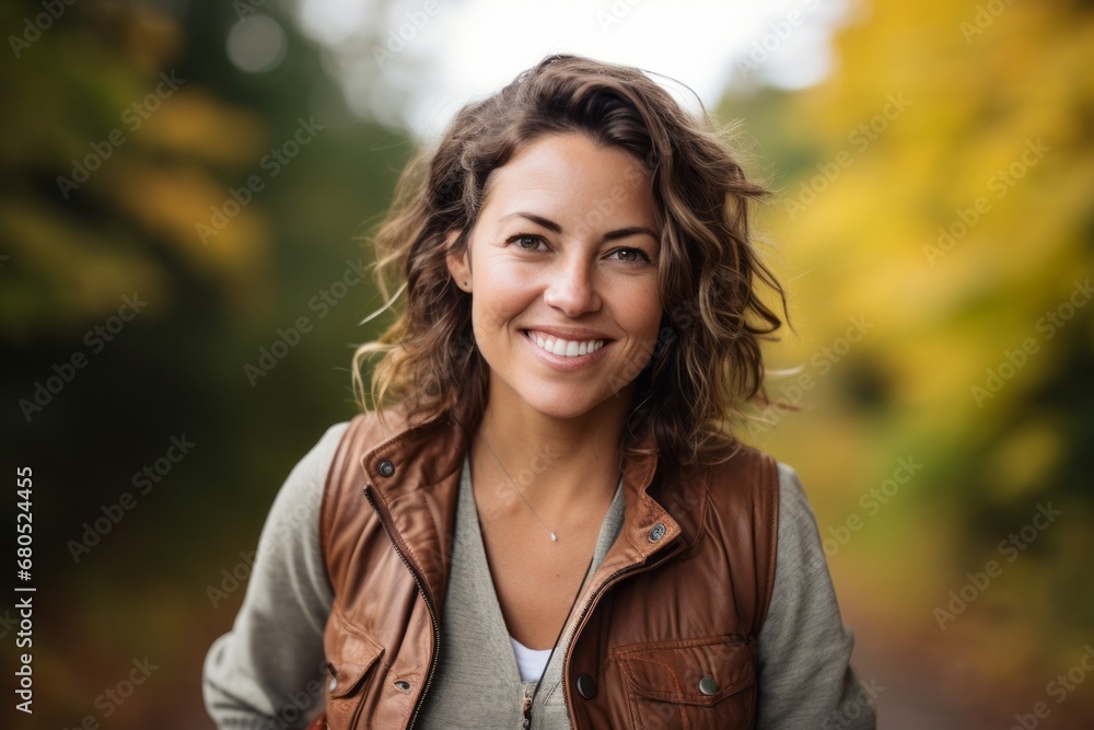 Portrait of a smiling woman in her 40s wearing a rugged jean vest against a background of autumn leaves. AI Generation Portrait of a smiling woman in her 40s wearing a rugged jean vest against a background of autumn leaves. AI Generation