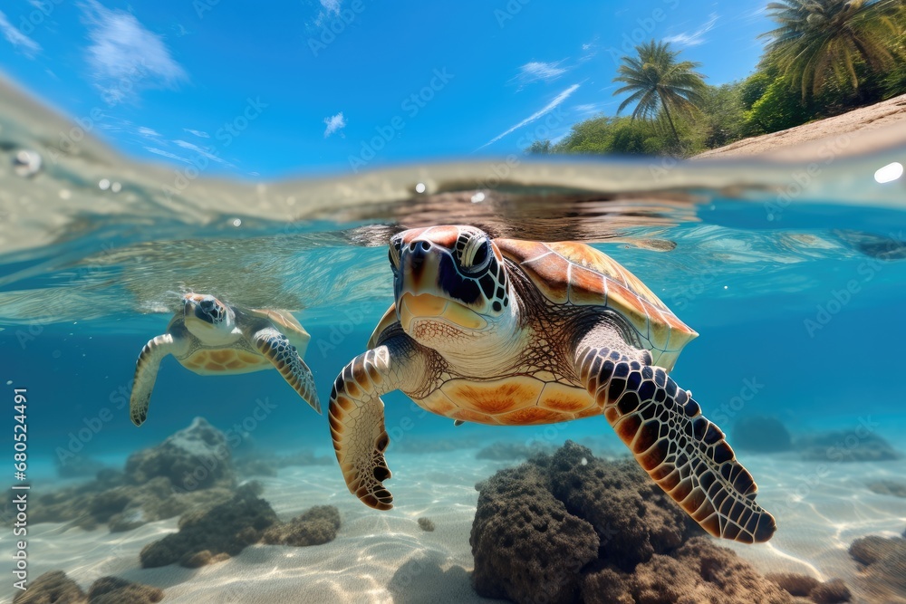 Obraz premium Little turtles swim underwater sea.