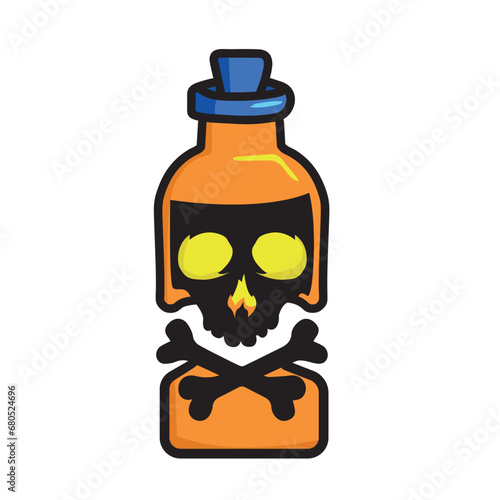 bottle with a sticker of a skull and bones, danger