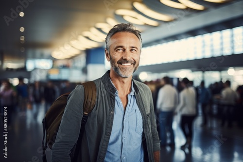 Portrait of a cheerful man in his 50s donning a trendy cropped top against a busy airport terminal. AI Generation