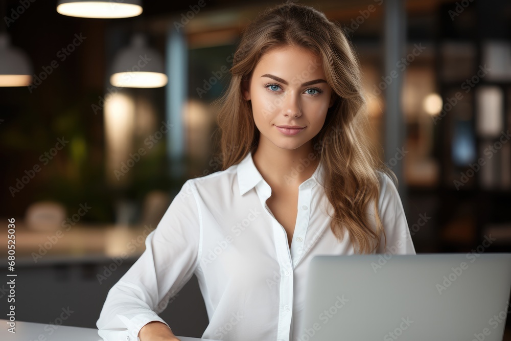 Beautiful woman sitting at desk working on laptop in office. Beautiful woman sitting at desk working on laptop in office.