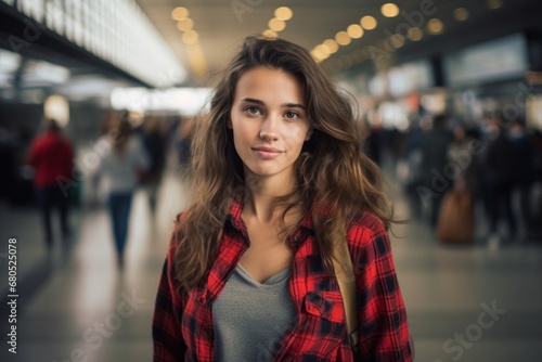 Portrait of a glad woman in her 20s dressed in a relaxed flannel shirt against a busy airport terminal. AI Generation © CogniLens