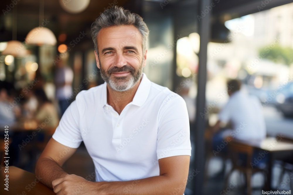 Portrait of a cheerful man in his 40s donning a classy polo shirt against a bustling city cafe. AI Generation Portrait of a cheerful man in his 40s donning a classy polo shirt against a bustling city cafe. AI Generation