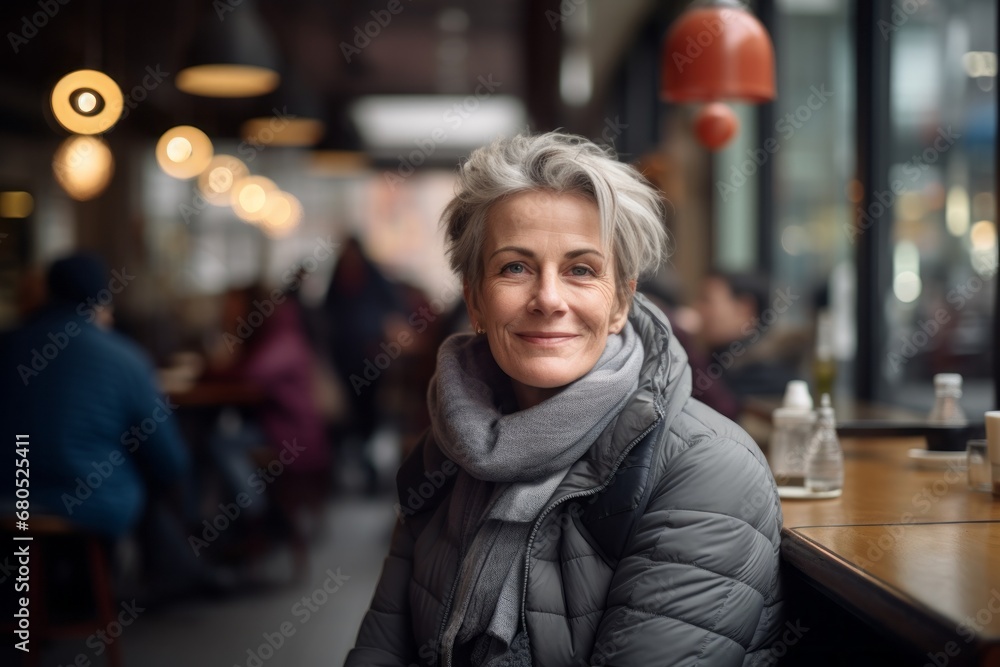 Fototapeta premium Portrait of a content woman in her 50s dressed in a thermal insulation vest against a bustling city cafe. AI Generation