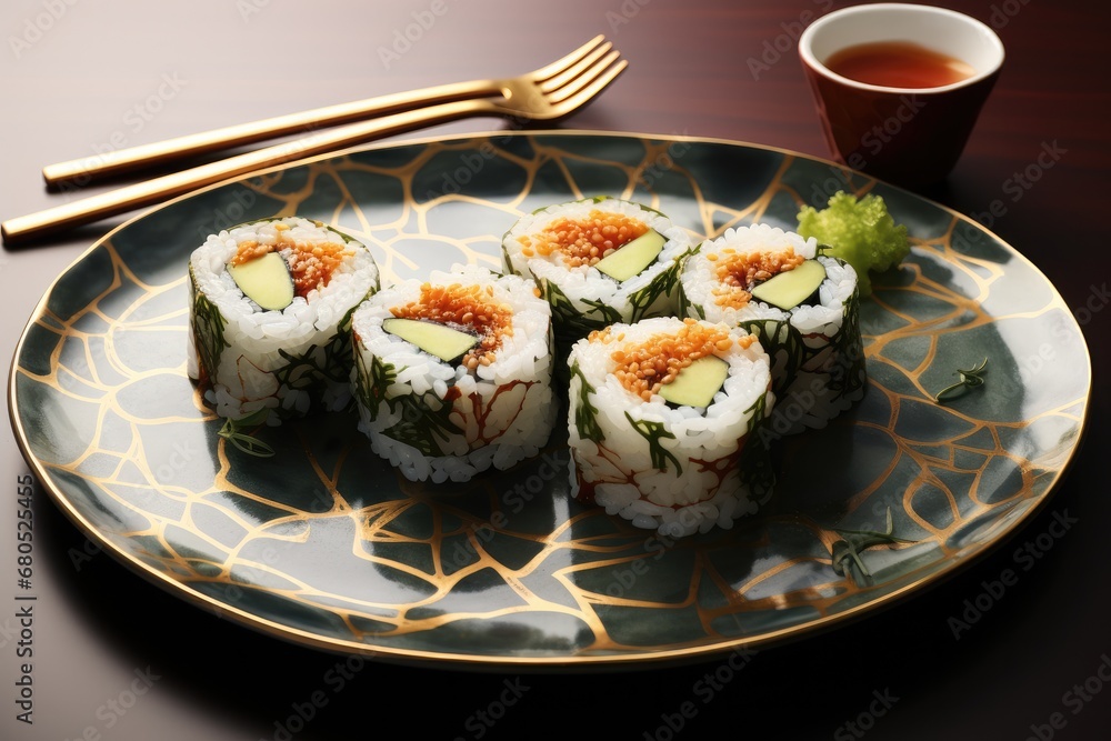 Seaweed sushi on top of beautiful plate.
