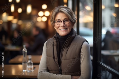 Portrait of a content woman in her 50s dressed in a thermal insulation vest against a bustling city cafe. AI Generation photo