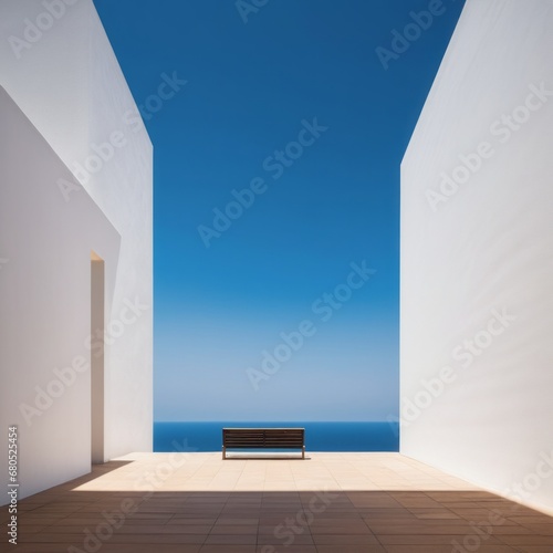 white empty empty room with wooden table and chairs. 3d rendering white empty empty room with wooden table and chairs. 3d rendering 3d rendering. empty wooden floor and white room with empty blue ocea photo