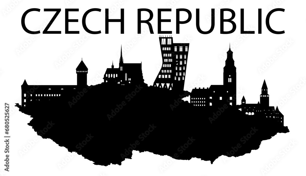 Silhouettes of landmarks placed on a map of the Czech Republic, can be customized.