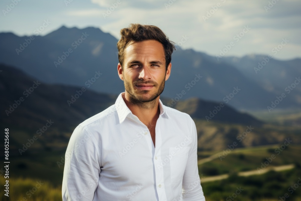 Portrait of a glad man in his 30s wearing a classic white shirt against a backdrop of mountain peaks. AI Generation Portrait of a glad man in his 30s wearing a classic white shirt against a backdrop of mountain peaks. AI Generation