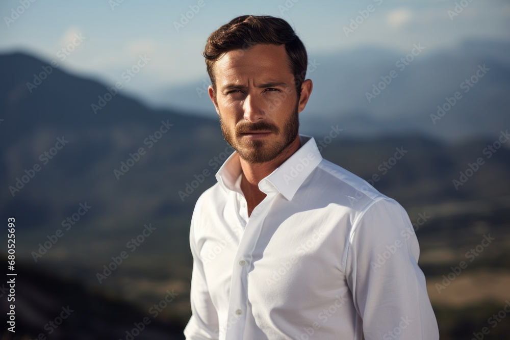 Portrait of a glad man in his 30s wearing a classic white shirt against a backdrop of mountain peaks. AI Generation Portrait of a glad man in his 30s wearing a classic white shirt against a backdrop of mountain peaks. AI Generation