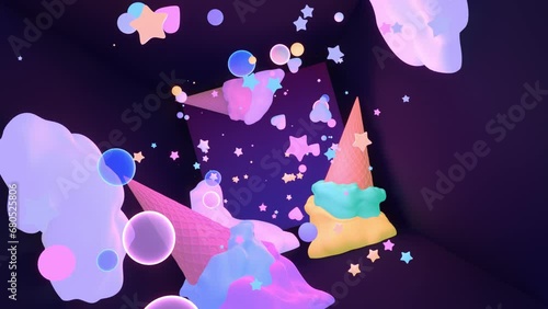 Looped cartoon room with upside down ice cream cones, clouds, bubbles, and stars animation.