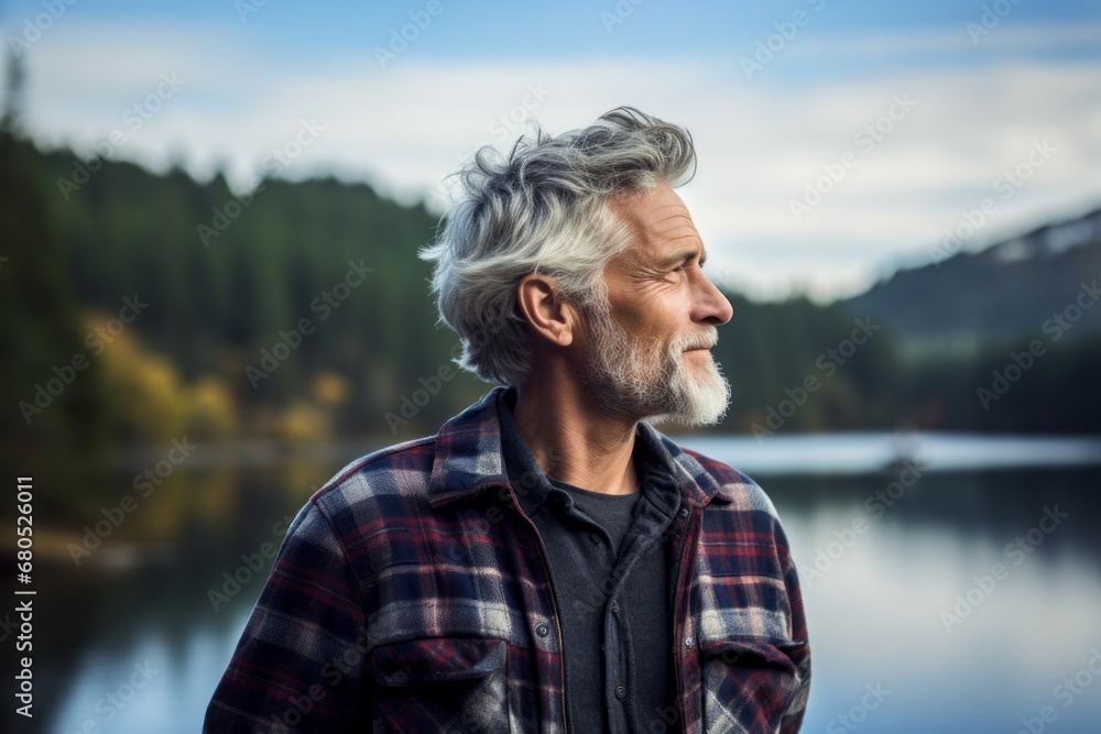 Portrait of a merry man in his 60s wearing a comfy flannel shirt against a serene lakeside view. AI Generation Portrait of a merry man in his 60s wearing a comfy flannel shirt against a serene lakeside view. AI Generation