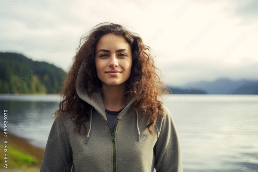 Portrait of a content woman in her 20s wearing a zip-up fleece hoodie against a serene lakeside view. AI Generation Portrait of a content woman in her 20s wearing a zip-up fleece hoodie against a serene lakeside view. AI Generation