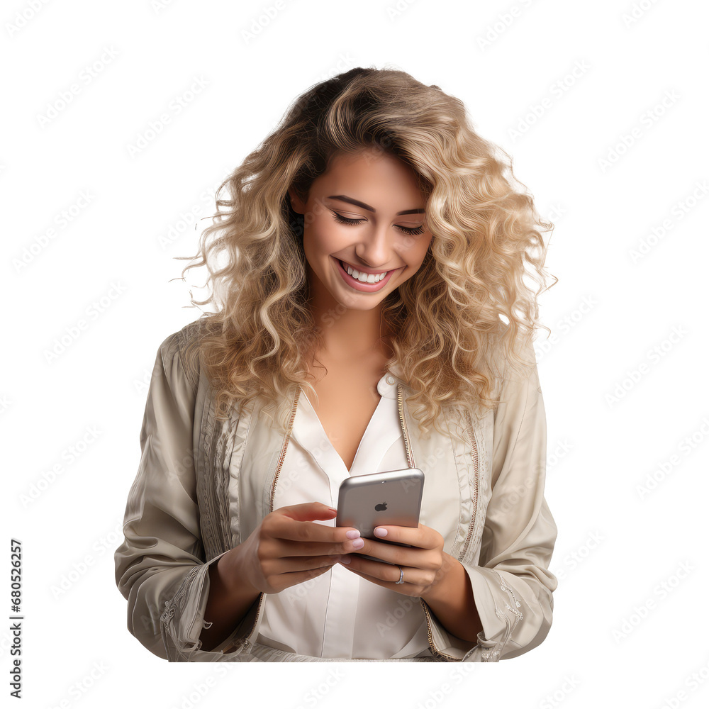 Woman with long hair holding a mobile phone, happy smiling