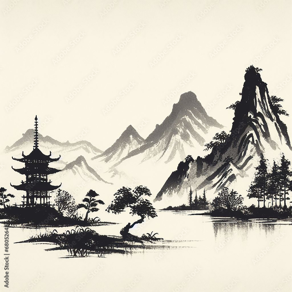 landscape with mountains and lake Ancient Chinese painting