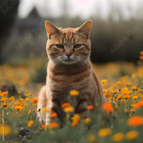 Cute cat pictures on a field. Generative AI