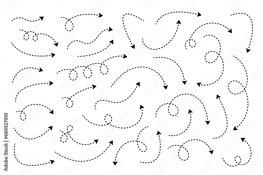Curved dotted arrow. Zigzag arrow stripes design with dotted lines. Thin arrows. Vector illustration. Curved dotted arrow. Zigzag arrow stripes design with dotted lines. Thin arrows. Vector illustration.