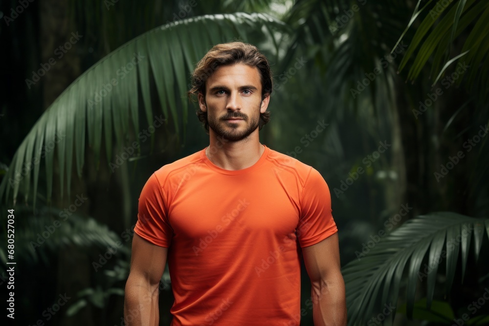 Portrait of a content man in his 30s wearing a moisture-wicking running shirt against a lush tropical rainforest. AI Generation Portrait of a content man in his 30s wearing a moisture-wicking running shirt against a lush tropical rainforest. AI Generation