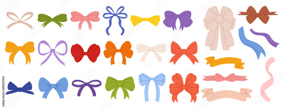 Simple hand drawn ribbon bow collection in flat organic modern style. Bowknot for decoration, big set of bowtie