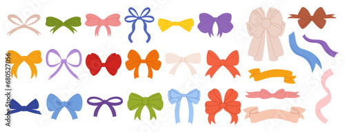 Simple hand drawn ribbon bow collection in flat organic modern style. Bowknot for decoration  big set of bowtie