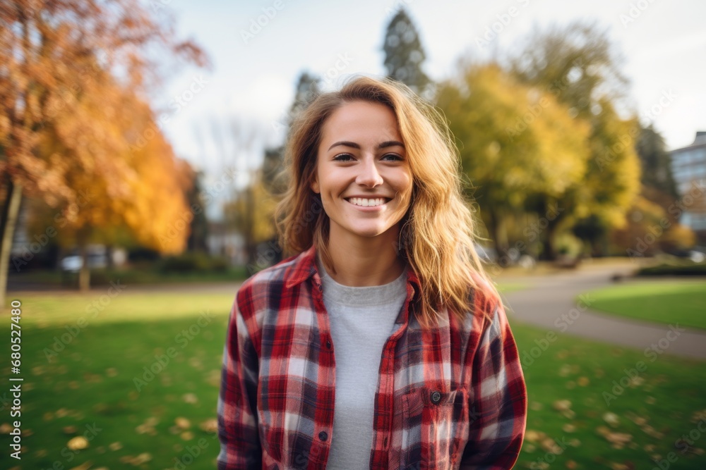 Portrait of a smiling woman in her 20s wearing a comfy flannel shirt against a vibrant city park. AI Generation Portrait of a smiling woman in her 20s wearing a comfy flannel shirt against a vibrant city park. AI Generation