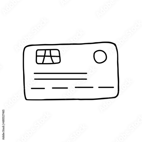 Bank payment card. Finance. Doodle. Vector illustration. Hand drawn. Outline.